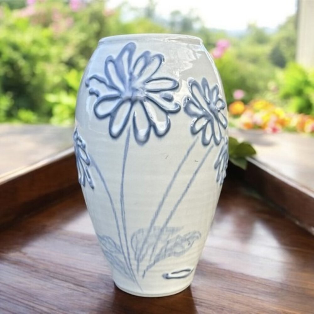 Studio Art Pottery Vase Raised Blue Flowers Cream Glaze Abstract Signed 8.75 in